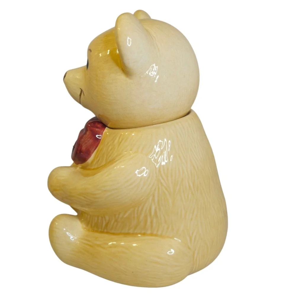 Vintage Metlox Golden Teddy Bear Cookie Jar Red Bow Calif USA MCM Mint 11-inch